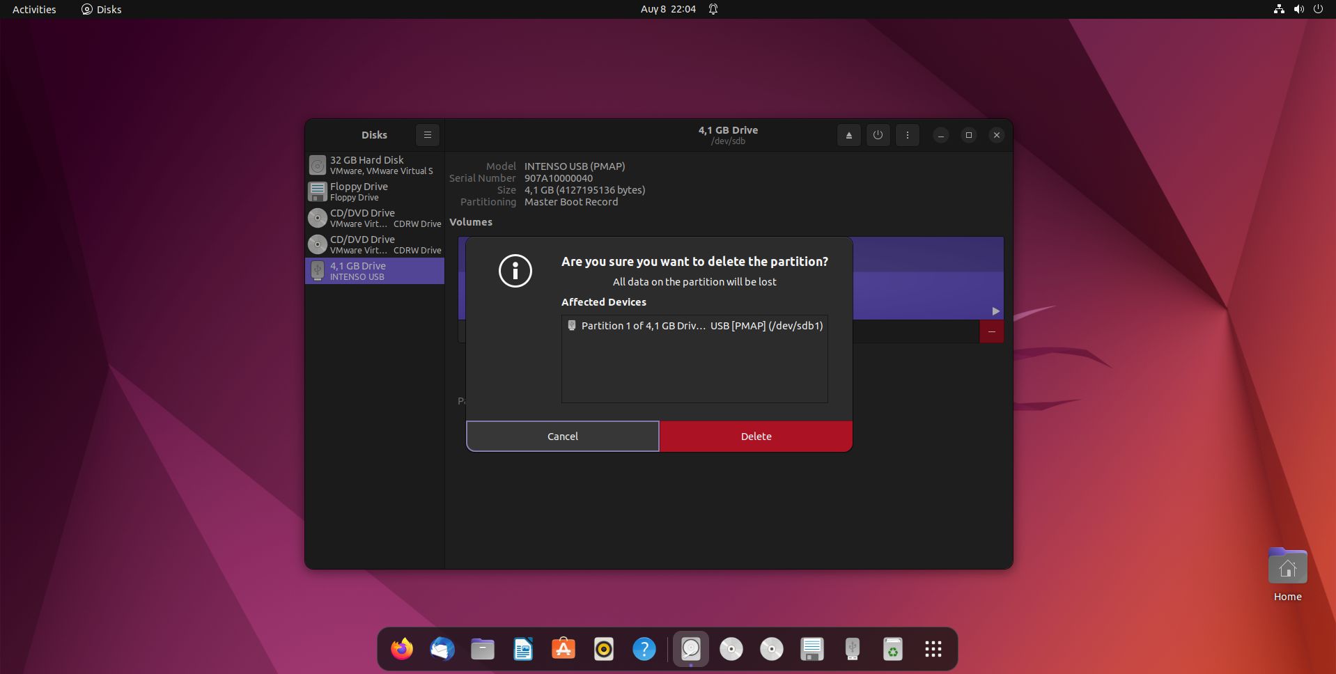 Linux Disks Delete Partition Confirmation