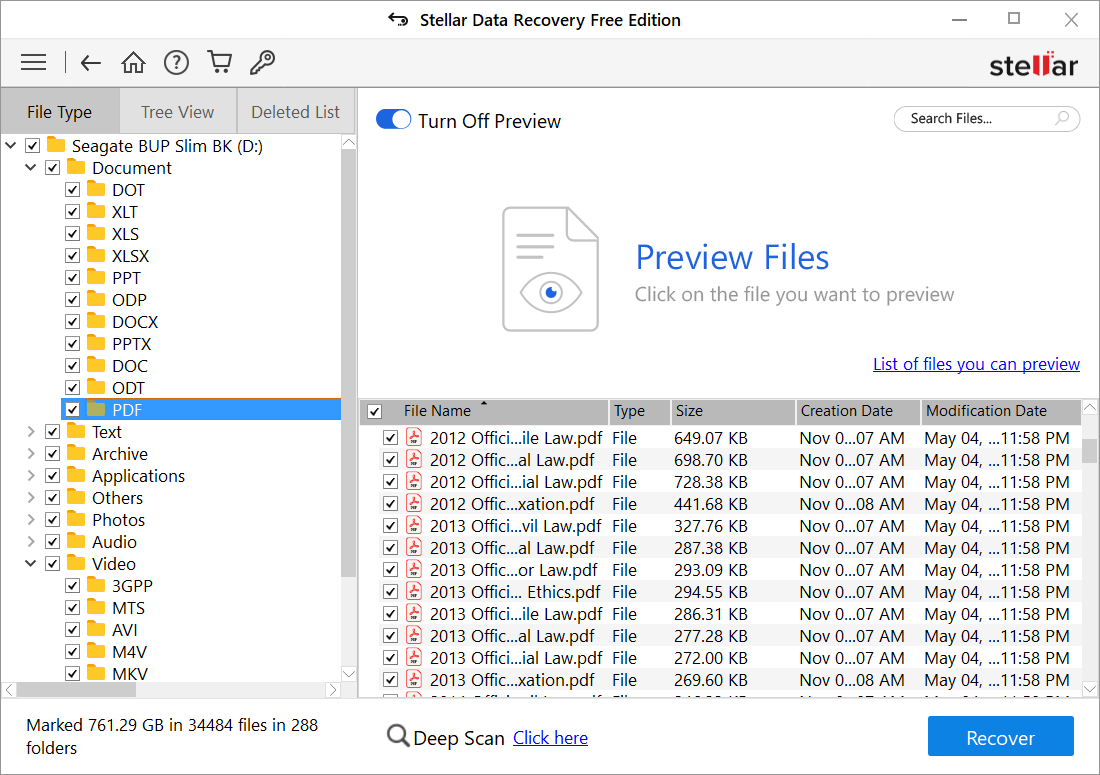 Stellar File Type Menu showing nested files and a PDF preview